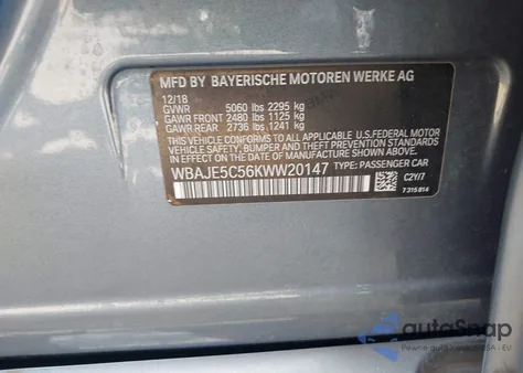 2019 BMW 540I из США, поврежденный, VIN WBAJE5C56KWW20147